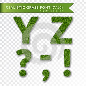 Grass letters Y, Z, question, exclamation mark, coma, apostrophe, minus hyphen dash symbol. Set alphabet 3D design photo