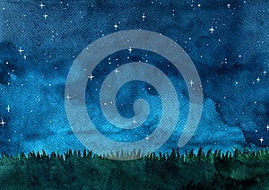 Grass meadow with night sky watercolor hand painting background.