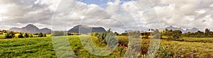 Grass and mountains landscape at Leknes, Norway