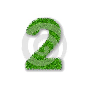 Grass number 2. Green 3D number two, isolated on white background. Green grass 2, symbol of fresh nature, plant lawn