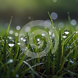 Grass with rain drops Watering lawn. Rain Blurred green with water drops closeup