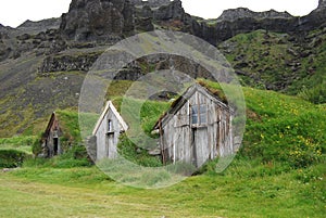 Grass roofed houses in Iceland used as shelter for travellers