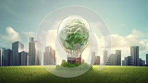 Grass in the shape of a light bulb, Human brain on top of tall buildings, big city, thick cloudy background. Generative Ai