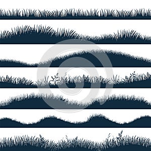 Grass silhouette. Horizontal hills with plants and weed, cartoon wavy meadow and grassland. Vector black marsh set