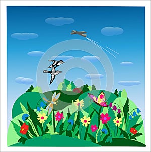 Grass, sky, summer, nature, flowers, landscape, spring, airplane, field, illustration, meadow, cartoon, sun, flowers, clouds, tree