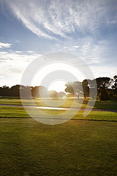 Grass, sky and trees on golf course with sunset, clouds and natural landscape with path in park. Nature, green and field