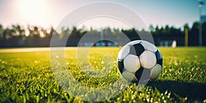 Grass with Soccer Ball on Soccer Field. Soccer Ball on Dewy Grass Field with Sunrise and Goalpost in Backdrop. Generative AI photo