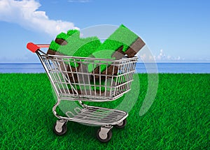 Grass and soil of puzzle pieces in shopping cart