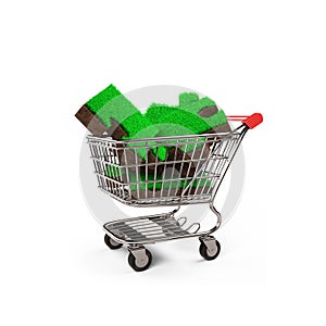 Grass soil of puzzle pieces in shopping cart, 3D illustration