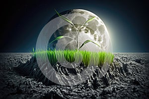 Grass Sprout On The Surface Of The Moon. Generative AI