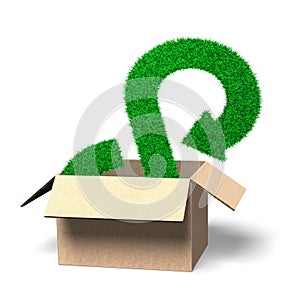 Grass texture infinity recycling symbol in open box, 3D illustration