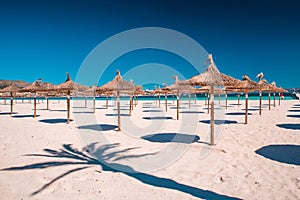 Grass umbrellas at the summer beach on Playa de Muro. Mallorca, Spain