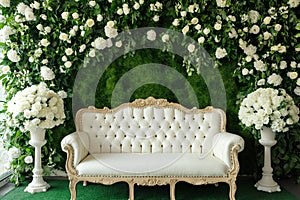 Grass wall wedding backdrop with elegant classic sofa, flowers, candles and lanterns. Luxury decorated blooming wedding photo zone