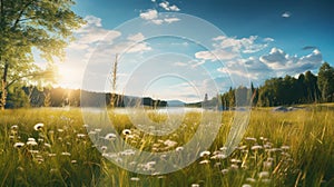 Grasses near the lake in the forest in summer, wide angle, landscape, copy space