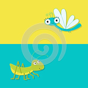 Grasshopper and dragonfly. Cute cartoon character. Yellow blue background. Banner set Baby insect collection. Flat design.