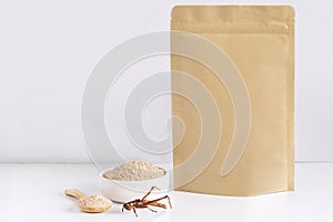 Grasshopper insect powder. Orthoptera flour processed from Insects baked food is eating edible in bowl and spoon with packaging