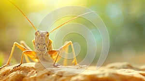 A grasshopper with a long antennae on top of some rocks, AI