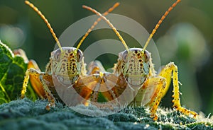 Grasshoppers resting on a green leaf
