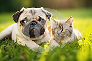 Grassland buddies: dog pug and cat enjoying the day