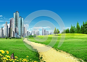 Grassland with city