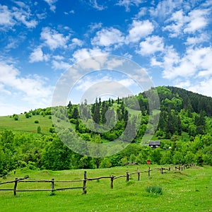 Grassland with fence and rural house