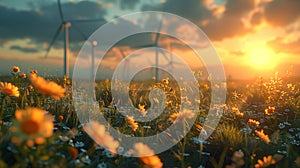 Grassland with flowers, wind turbines, and a sunset sky in the background