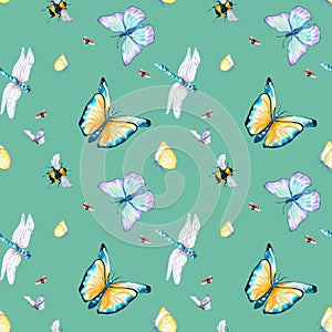 Grassland insects watercolor illustration seamless pattern on azure.