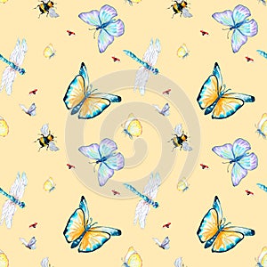 Grassland insects watercolor illustration seamless pattern on beige.