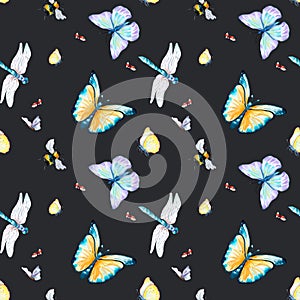 Grassland insects watercolor illustration seamless pattern on dark.