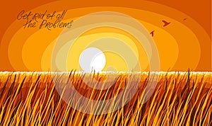 Grassland meadow over the evening sky of sundown scenic tranquil and calm landscape vector illustration, forget about all the