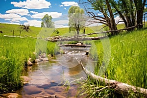 grassland stream in daylight with fly fishing gear on a log