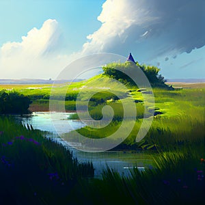 Grasslands Landscape Windswept Green Grass River Water Blue Sky Roleplaying RPG Environment DND Generative AI