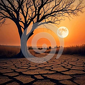 Grassless dry ground and tree without leaves