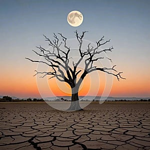 Grassless dry ground and tree without leaves