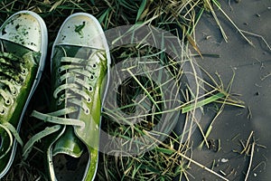 grassstained sneakers beside a pile of clippings