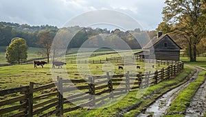 Grassy field with cows, house, and splitrail fence under cloudy sky