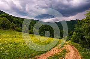 Grassy field on hillside in stormy weather