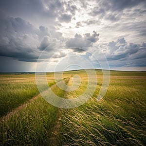 Grassy field under a dramatic cloudy sky with sunlight piercing