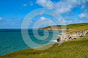Grassy green cliffs meet the sea on the English coastline