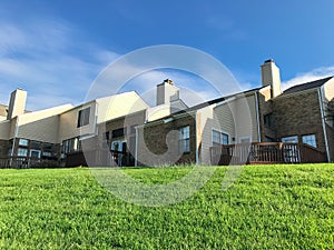 Grassy lawn backyard of townhouse complex in suburban DFW, Texas