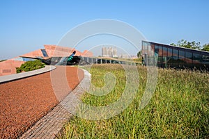 Grassy roof of modern building,Luxelake Art Expo Center,in sunny