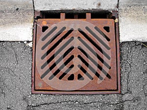 Grate covering a storm sewer drain.