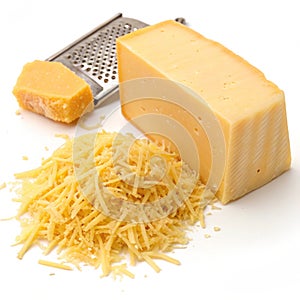 Grated and block cheese isolated on white background photo