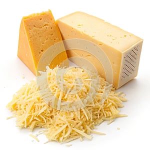 Grated and block cheese isolated on white background photo