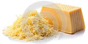 Grated and block cheese isolated on white background photo