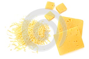 grated cheese isolated on white background. top view