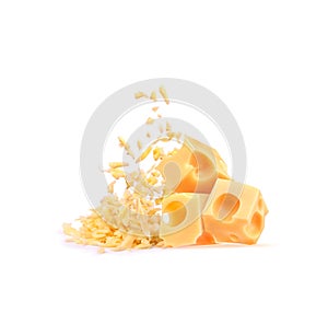 grated cheese with pieces of cheese on a white background