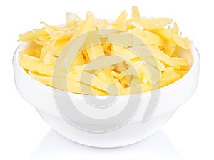 Grated cheese in a small white ceramic round bowl isolated on white background