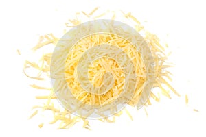 grated cheese  on white background. top view