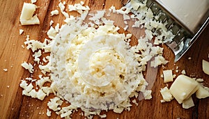 Grated cheese on wooden cutting board